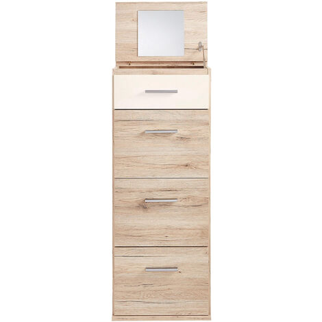Chiffonnier avec miroir coloris Imitation chêne San Remo, rechampis blanc - Longueur 46 x Hauteur 121 x Profondeur 40 cm -PEGANE-