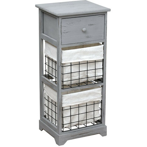 Chiffonnier bois 1 tiroir 2 paniers gris