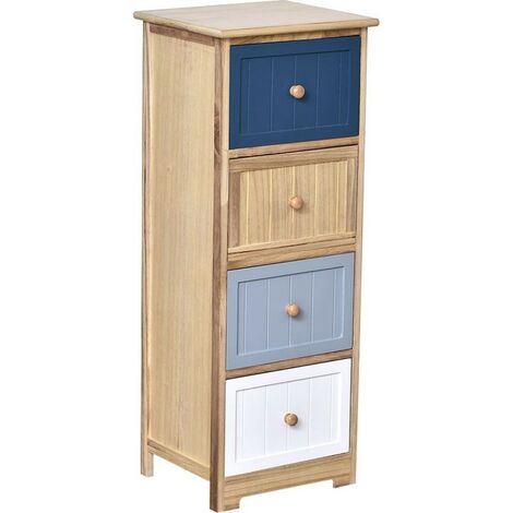 Chiffonnier bois 4 tiroirs différents naturel bleu blanc - Naturel - Naturel, blanc et bleu