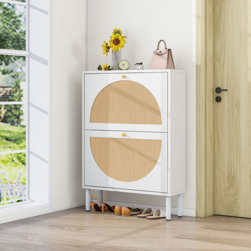 Redom - Chiffonnier en Rattan Design Moderne, Armoire à chaussures à double porte, pour l'entrée, 60x17x87 cm, Blanc