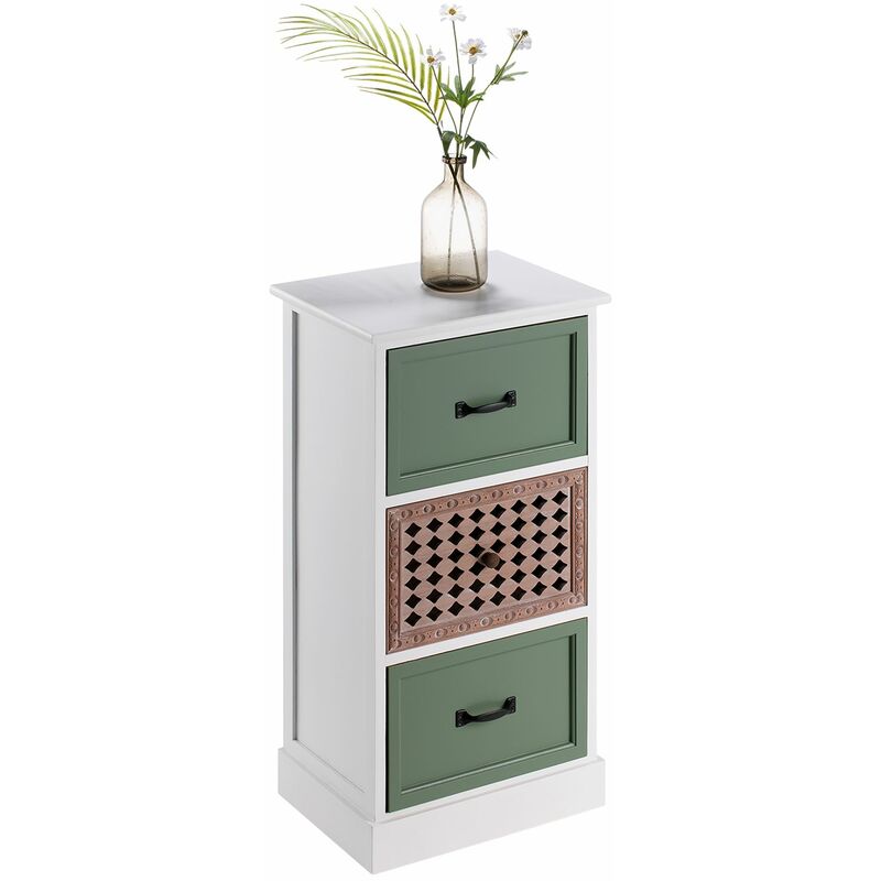 Idimex - Chiffonnier fiona petite commode avec 3 tiroirs, style ethnique, en bois de paulownia blanc et vert - Blanc/Vert