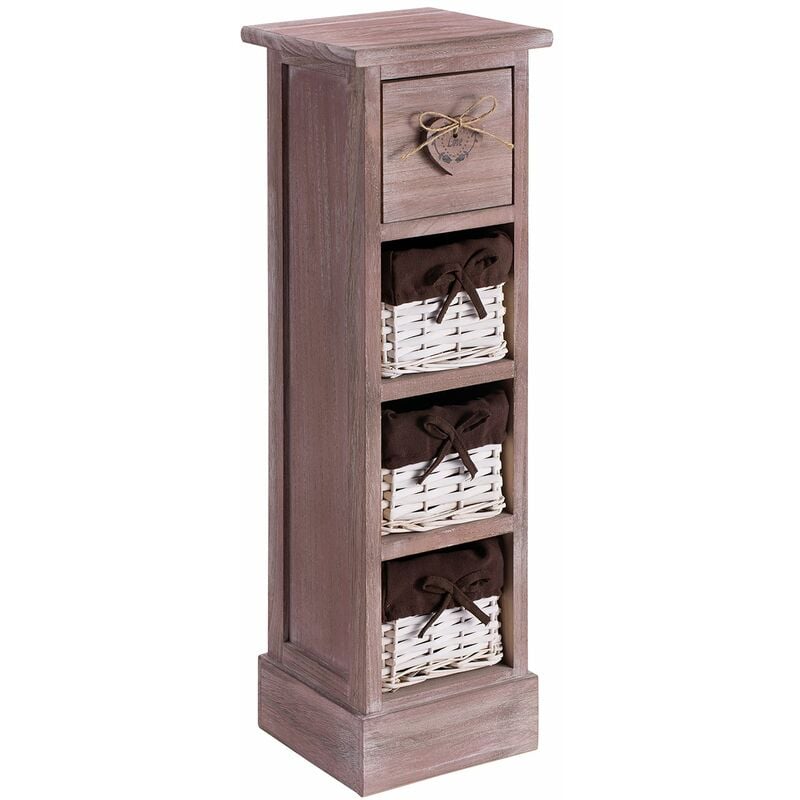 Chiffonnier FLOWER avec 1 tiroir et 3 paniers, en bois de paulownia brun