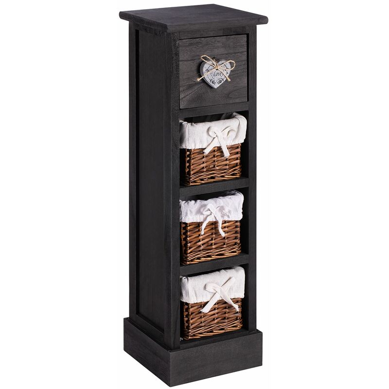 Idimex – Chiffonnier en bois de paulownia noir – 1 tiroir à effet patiné avec poignée cœur – 3 paniers en osier – Style shabby chic pour petits