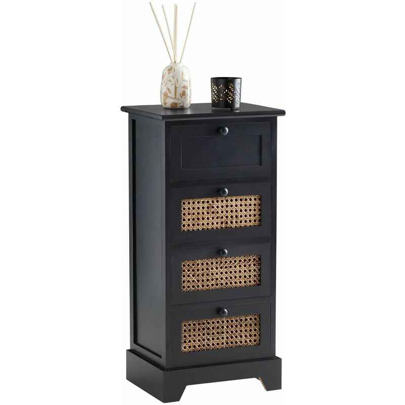 Chiffonnier JASMIN avec 4 tiroirs, en bois de paulownia lasuré noir et rotin