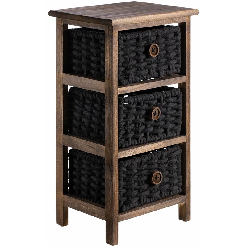 Chiffonnier pluto petite commode de nuit en bois de paulownia brun foncé, avec 3 paniers en coton tressé noir - Brun foncé, Noir