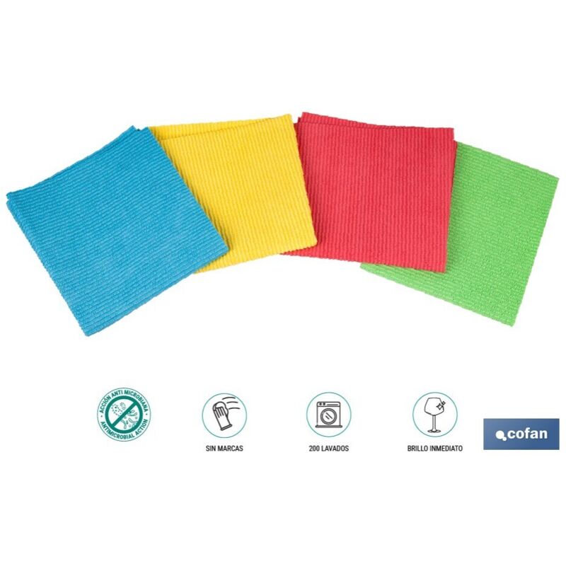 Chiffons en microfibre antibactériens de haute qualité 38x35cm quatre couleurs (Pack de 4)