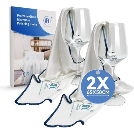 Chiffons Pro pour Verre en Microfibre x2, Nettoyage sans Traces pour Vitres,Verres, Extrêmement Absorbant, Grands Chiffons de Polissage Non Pelucheux (Blanc, 65 x 50cm 2pcs)