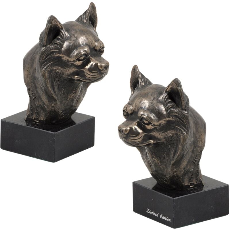 Chihuahua à poil long - statuette de chien, buste sur socle en pierre, sculpture, trophée pour l'exposition canine Art-Dog