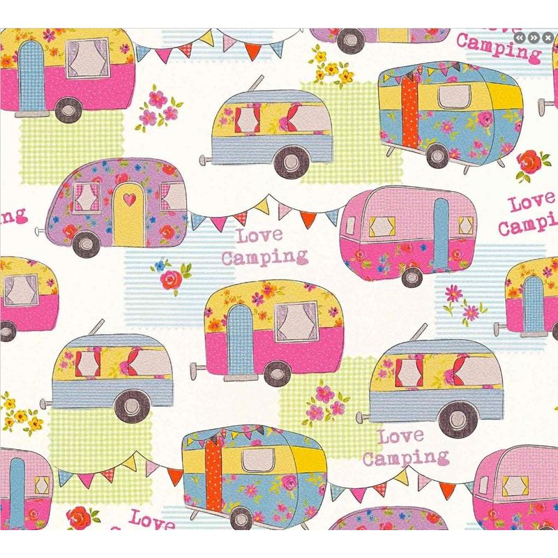 As Creation - Children's Camper Van Caravan Wallpaper Pink White Bunting Floral