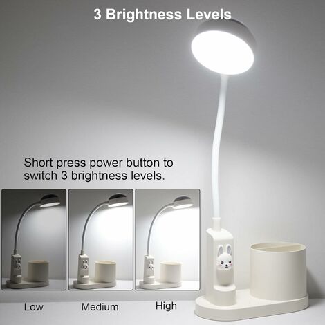 Children's Desk Lamp, Study Table Lamp with Stylo Holder, Automatic Colour Change Bedside Lamp, Dimmable Rechargeable LED Reading Lamp for Children (White)