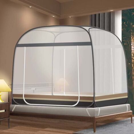 Children's Foldable Mosquito Net 120x200 cm, Breathable Bed Canopy, Double Door, for Single/Double Beds, Grey Striped