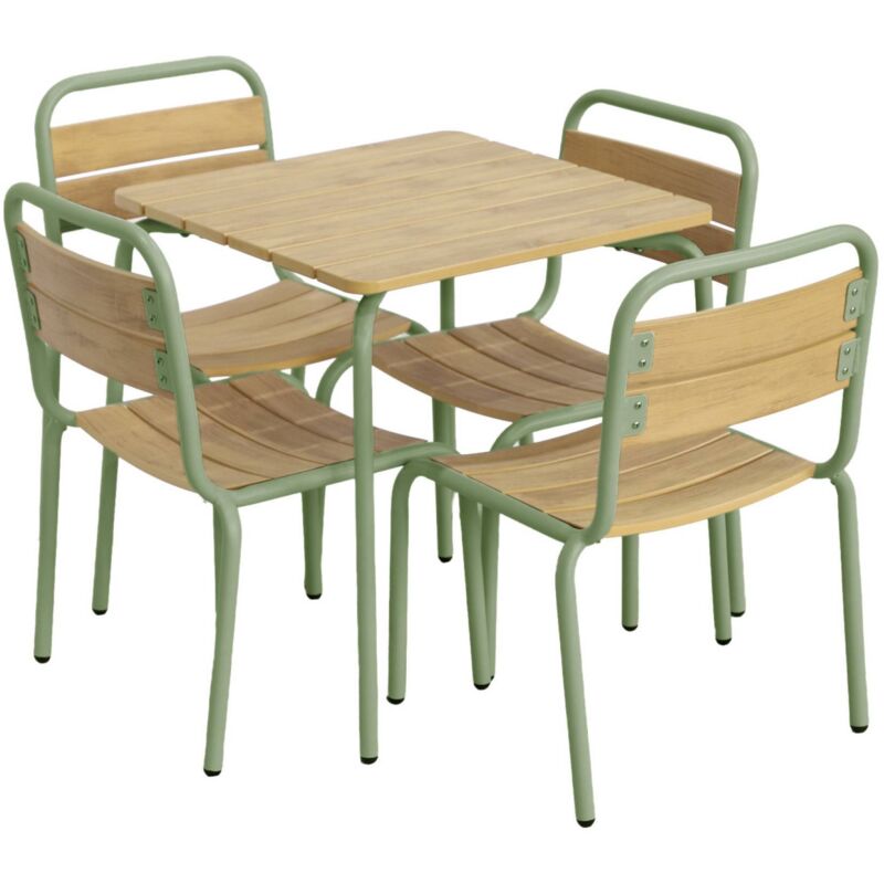 Sweeek Children's Garden Table With Steel And Wood Decor + 4 Chairs, Sage Green 48x48x47 Cm - Suzie