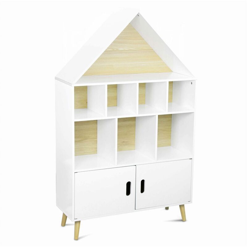 Alice's Home - Children's house-shaped bookcase - Tobias- white natural pine - 3 shelves, 8 compartments, 2 cupboards, scandi-style