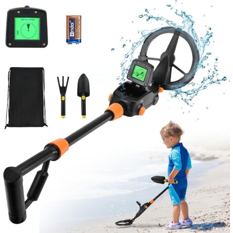 Children's Metal Detector, Lightweight Metal Detector with LCD Display and Sound, Highly Sensitive Metal Detector with Waterproof Search Coil, for Children or Beginners (Black with Accessories)