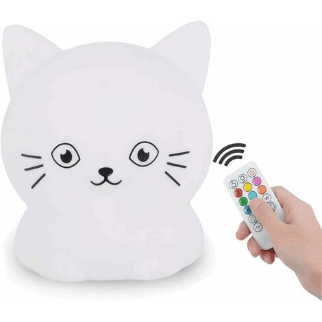 Children's Night Light, Night Lights, Portable Silicone Bedside Lamp, Multi-Color Light with Remote Control, Eye Care, Adjustable Brightness and Color, Christmas Gift - Cat [Energy Class A ++] SOEKAVI