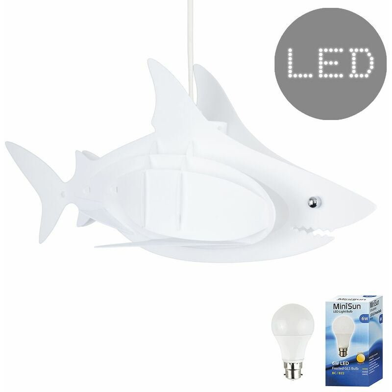 Minisun - Childrens Shark Ceiling Pendant Light Shade 3D White Bedroom Lighting - Add BC B22 LED Bulb