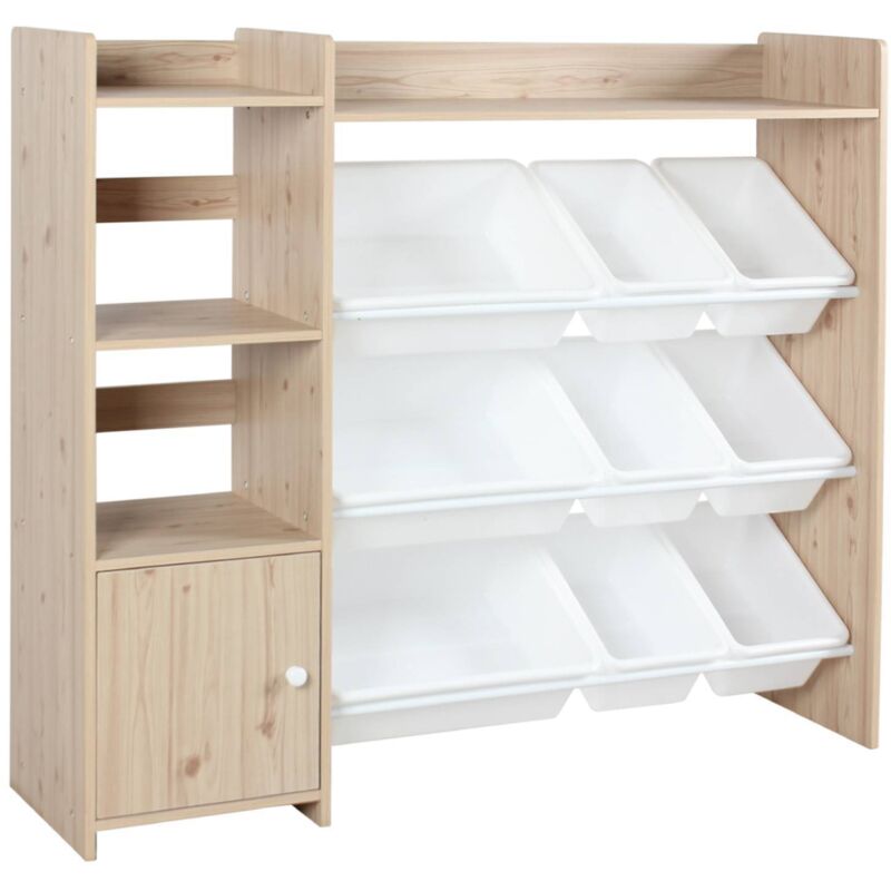 Sweeek - Children's storage unit with 9 storage boxes, 4 shelves, 1 door, Sora, Natural, 111.8x29.7x100 cm