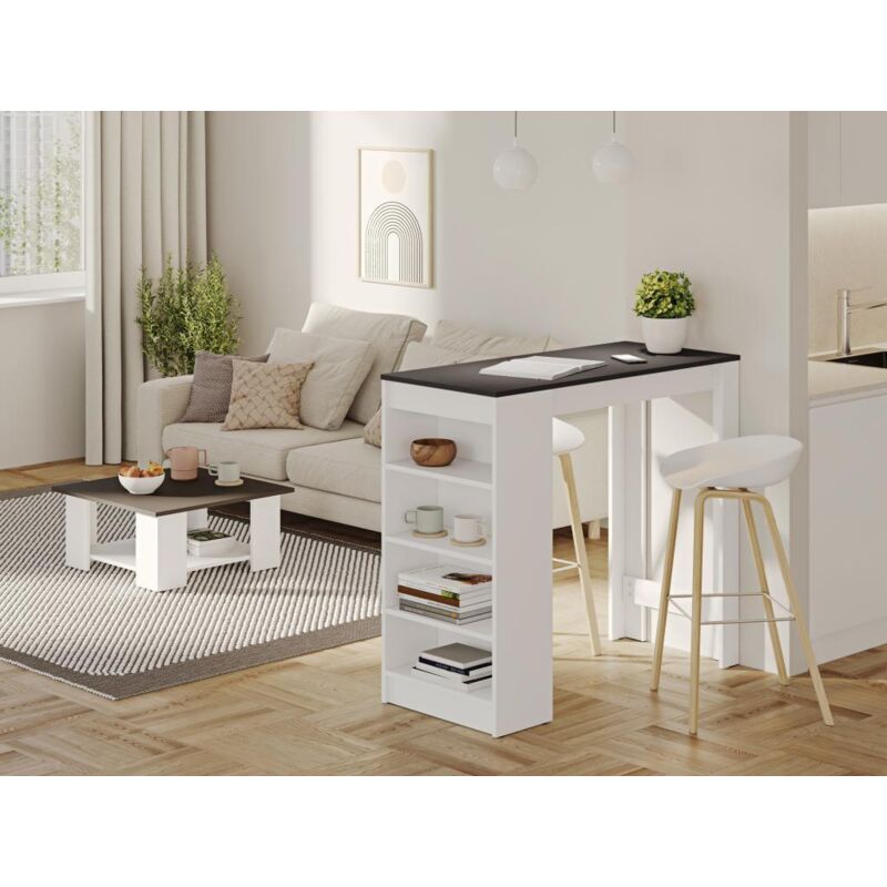 Temahome - Table de bar avec rangements piètement blanc plateau effet béton