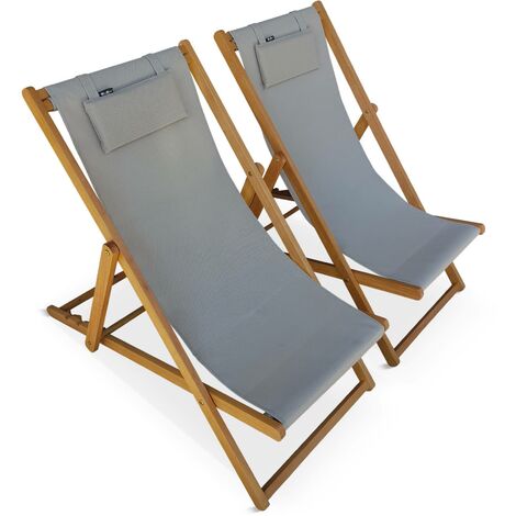 Chiliennes bois - Creus - 2 transats en bois d'Eucalyptus huilé avec coussin repose-tête gris taupe