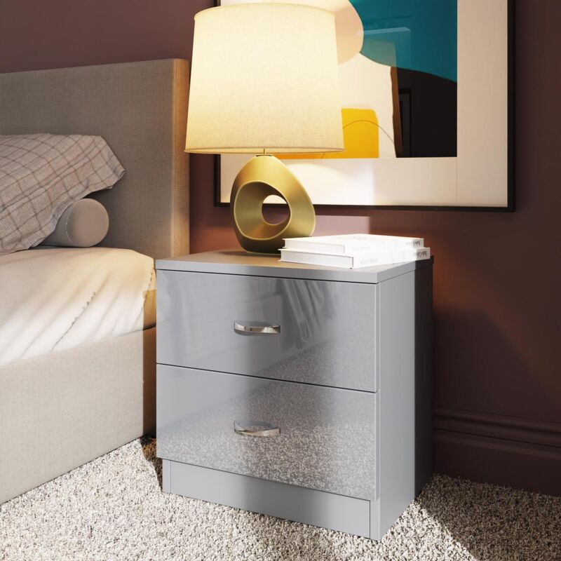Chilton 2 Drawer Bedside Cabinet - Grey Gloss - Grey