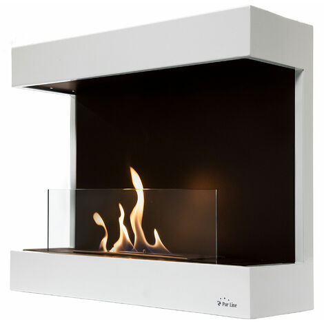 Chimenea de etanol mural en acero blanco y cristal templado - Blanco