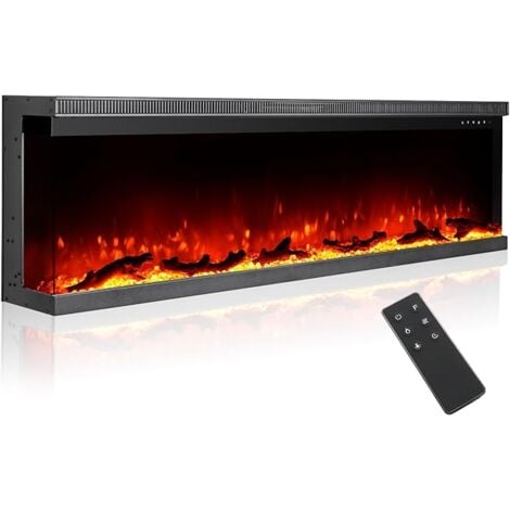 Chimenea eléctrica de 60 pulgadas con control inteligente de temperatura, envolvente de 3 lados, panel remoto, 12 colores de llama ajustables, 3 opciones de instalación, negra