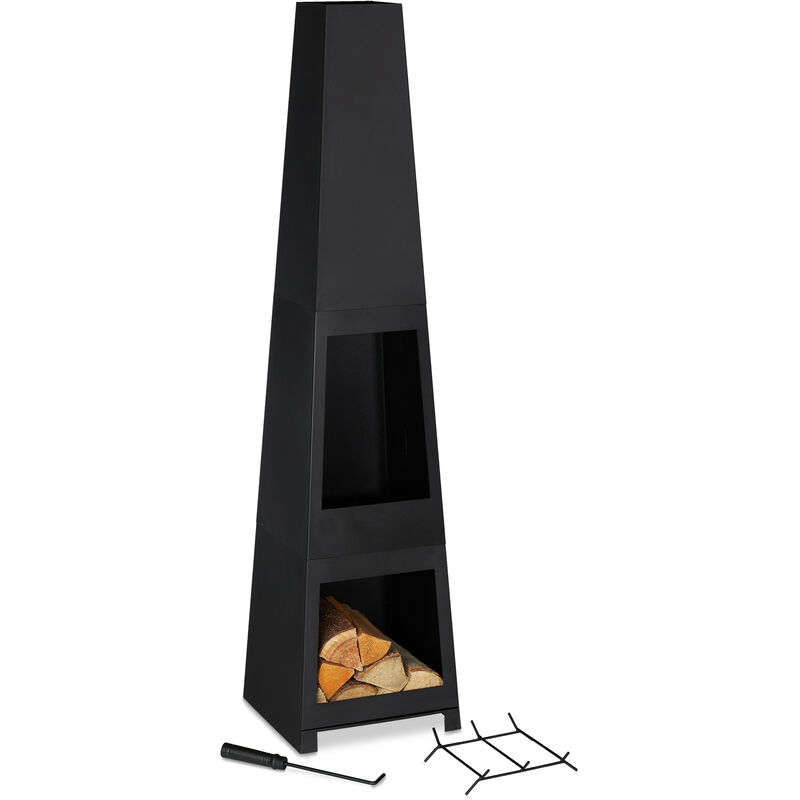 

Relaxdays - Chimenea Exterior, Con Atizador, Rejilla y Soporte Para Madera, Estufa Exterior Acero, Brasero Jardín, Negro