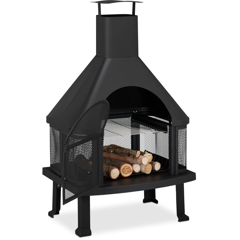 

Chimenea exterior con parrilla, Protección contra chispas, Atizador, Acero, 110 x 63 x 51 cm, Negro