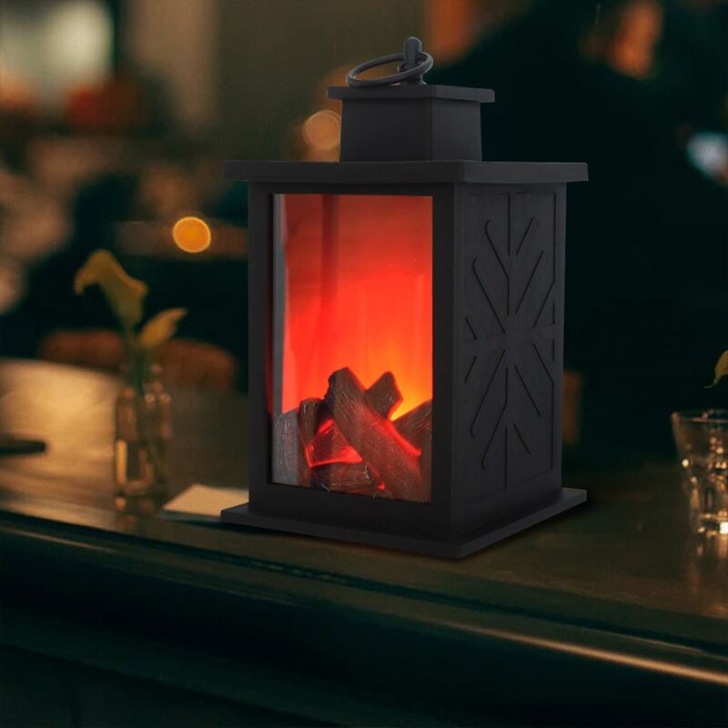 Chimenea realista decorativa Linterna y mesa con pilas Lámpara de chimenea Lámpara de chimenea interior / exterior 1 pieza Mesa de decoración negra