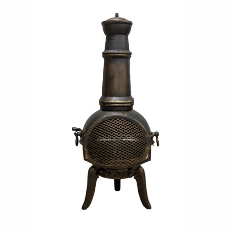 Chiminea de Exterior Patio Calentador Jardín Tronco Fogón Quemador Madera Hierro Fundido Chimenea Barbacoa Antichispas Cubierta Lluvia Barbacoa Tostador Efecto Bronce 110cm