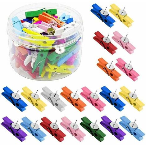 Chinchetas con clips 50 piezas Chinchetas de madera de colores con clips para fotos Proyectos de manualidades Tablón de anuncios o tableros de corcho,