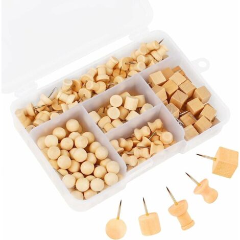 Chinchetas de madera decorativas de 180 piezas, chinchetas de madera natural de 5 formas, chinchetas de madera para montar en la pared, para hacer mapas de fotos y tablones de anuncios.