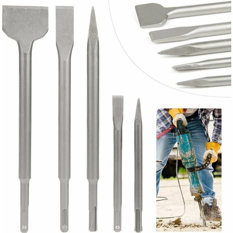 Chisel, pin and mason chisel SDS Chisel Set of 5 Chisels with 2 Pointed Chisels and 3 Flat Chisels, Drilling Tool for Concrete