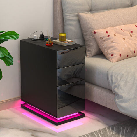 Chleby Estrecha Mesilla de Noche Negro Brillante Mesilla de Noche con Enchufe Mesilla de Noche con 3 cajones Mesilla de Noche con LED