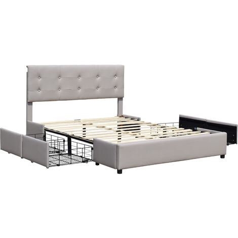 Chloe - Solide et Confortable Lit 140x190 avec Sommier avec 4 tiroirs + Tete de lit Couleur Gris + Pieds en 4 cm - 13 Lattes - revetement PVC Simili Facile d'entretien - Montage Rapide et Facile