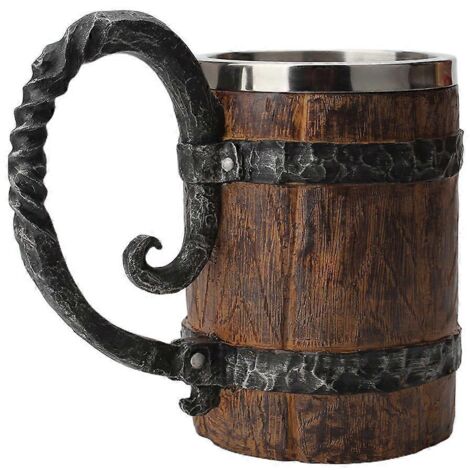 Chope à bière style bois, imitation tonneau en bois, double paroi