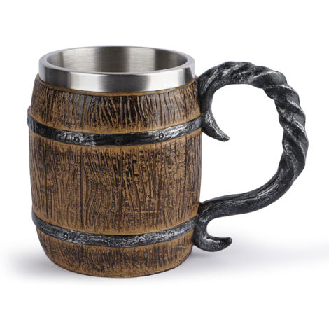 Chope à bière style viking effet tonneau, finition bois, usage bière et boissons chaudes