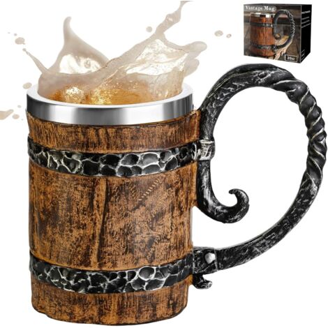 Chope à bière viking, chope avec anse, chope viking en acier inoxydable de 59 cl, chope à café pour bar, chope à bière viking en bois/chope pour homme, accessoires de décoration viking