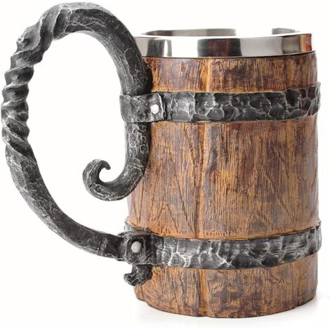Chope à bière vintage imitation bois style viking médiéval rétro en acier inoxydable 500 ml - Cadeau unique