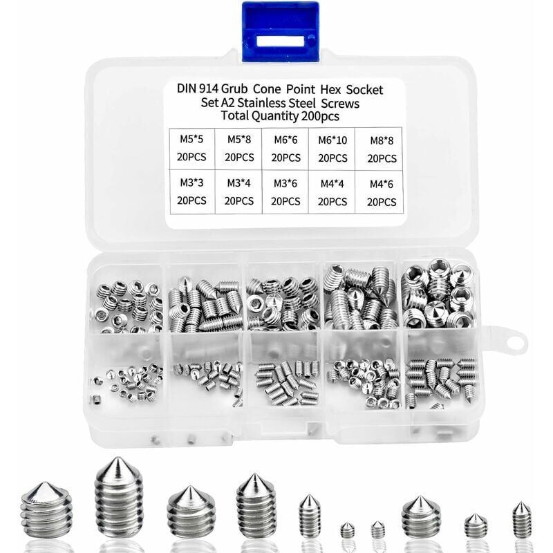 Choyclit - 200pcs Vis Pointeau Vis Sans Tête Hexagonale , M3 M4 M5 M6 M8 Tête Conique Acier Inoxydable 304, Vis de pression,Kits de Vis à Six Pans