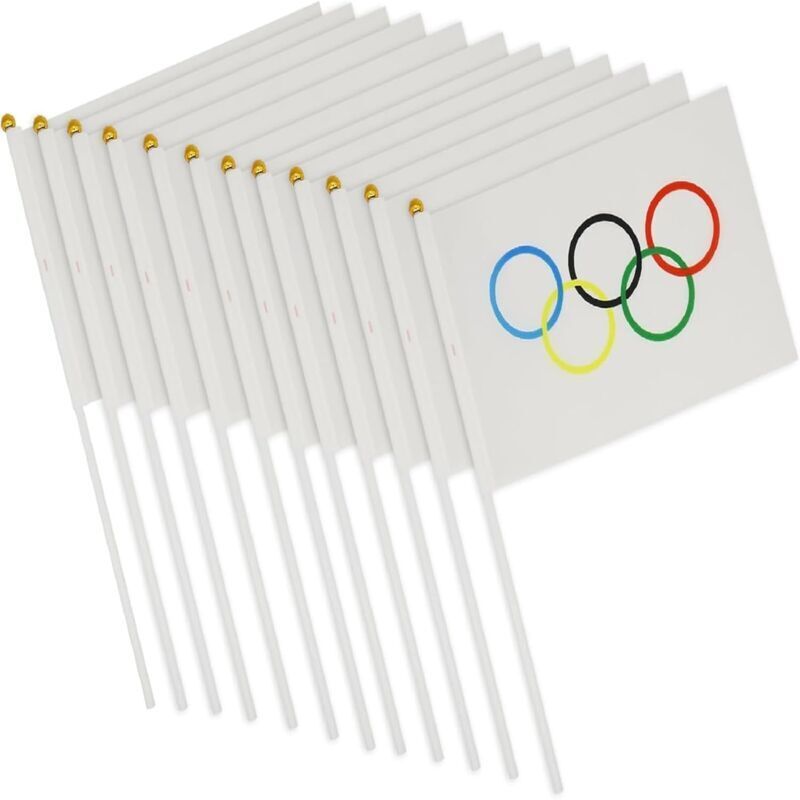 Choyclit - 20PCS Petit Drapeau Olympique, Mini Drapeaux Jeux Olympiques Paris 2024 avec Poteau Blanc, Jeux Olympiques Decoration,14x21cm