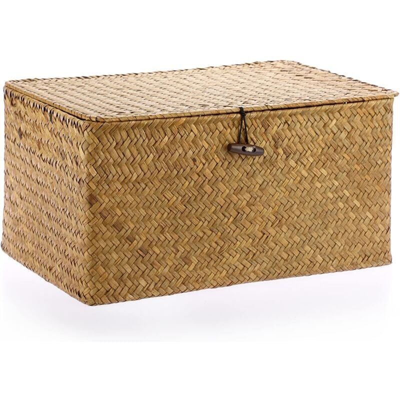 Bacs de rangement en osier tissé avec couvercle - Caramels en jonc de mer naturel (xl, 36 x 24 x 18 cm) - Choyclit