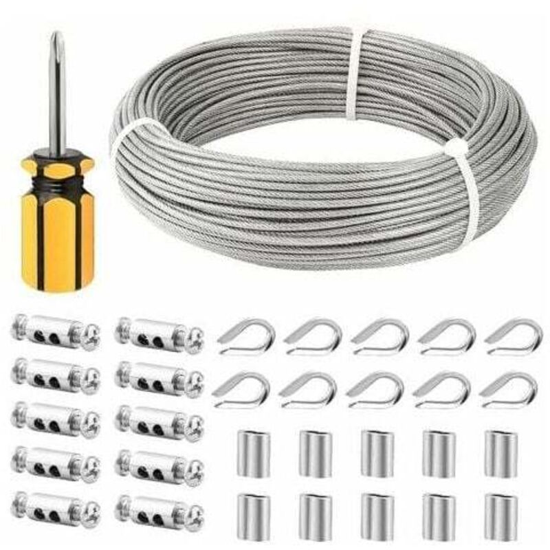 Cable Inox 3mm,50M/3mm Corde en Acier Inoxydable,Cable en Acier Revêtu avec Serre-Câbles,M3 Manchons,Cosses en Acier Inoxydable,3mm Cable Métallique
