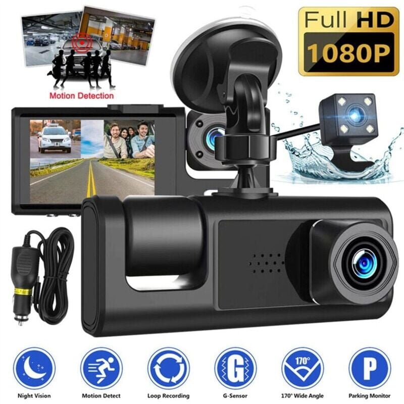 CHOYCLIT Caméra de surveillance interieur / exterieur,3 CaméRa Dash Cam 1080P 2 Pouces ÉCran Dashcam Noir Pilote Enregistreur pour Taxi CAR DVR