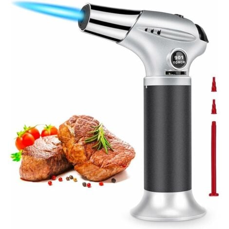 CHOYCLIT Chalumeau de Cuisine, Briquet Torche Réglable et Rechargeable avec Verrouillage Sécurité pour Crème Brûlée, Barbecue, Cuisson, Soudure, Gaz Butane Non Inclus