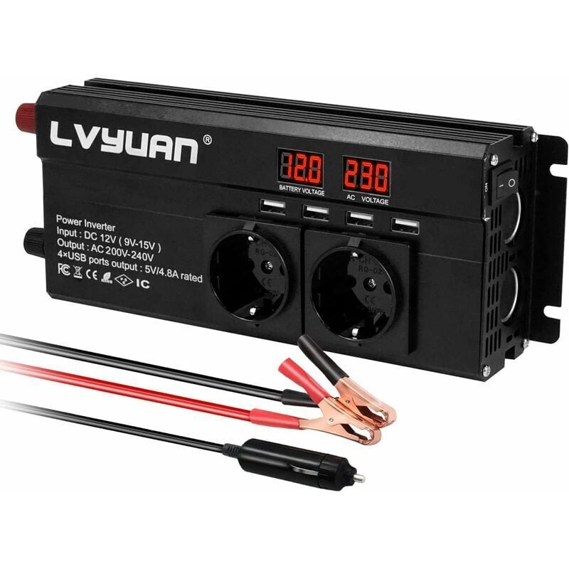 Choyclit - Convertisseur 12V 220V 1500W onduleur 12V 230V avec 2 Prises et 4 usb Affichage Tension led