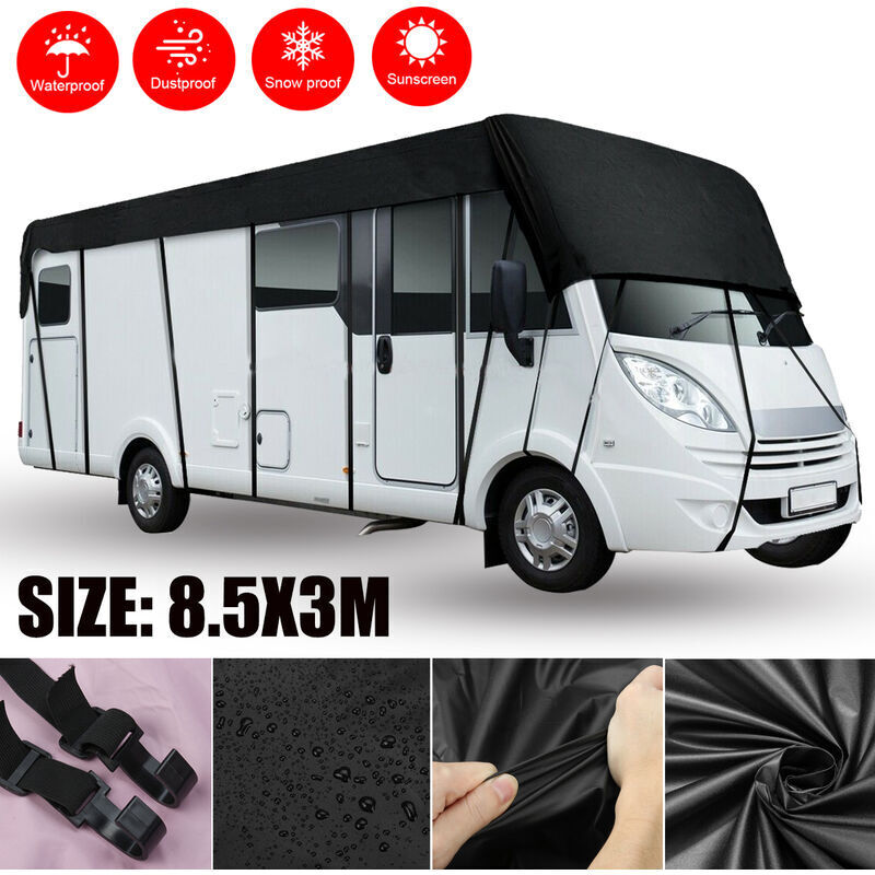 Couverture de protection 8.5x3m 210D caravane camping-car toit bâche de protection étanche avec 26 pièces ceintures coupe-vent pour rv caravane accès