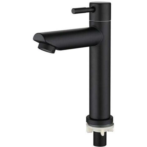 CHOYCLIT Grifo para lavabo de baño, monomando, agua fría, con válvula de columna, altura total: 18 cm, color negro