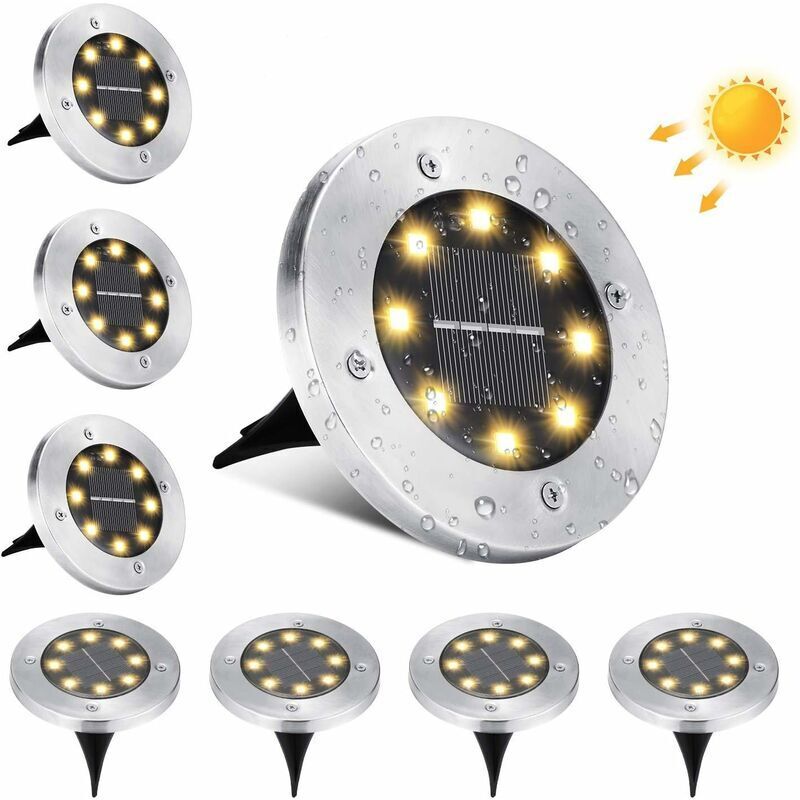 Lampe Solaire Extérieur Jardin, 8 led Spots Solaires Exterieur Etanche IP65 Acier Inoxydable Encastrables Lumière Solaire pour Passerelle Cour