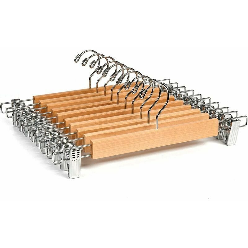 Choyclit - Lot De 10 Cintres En Bois Naturelle 36Cm, Pour Pantalons Jupes Chaussettes Sous Vêtements, Cintre Antidérapants Avec Pinces
